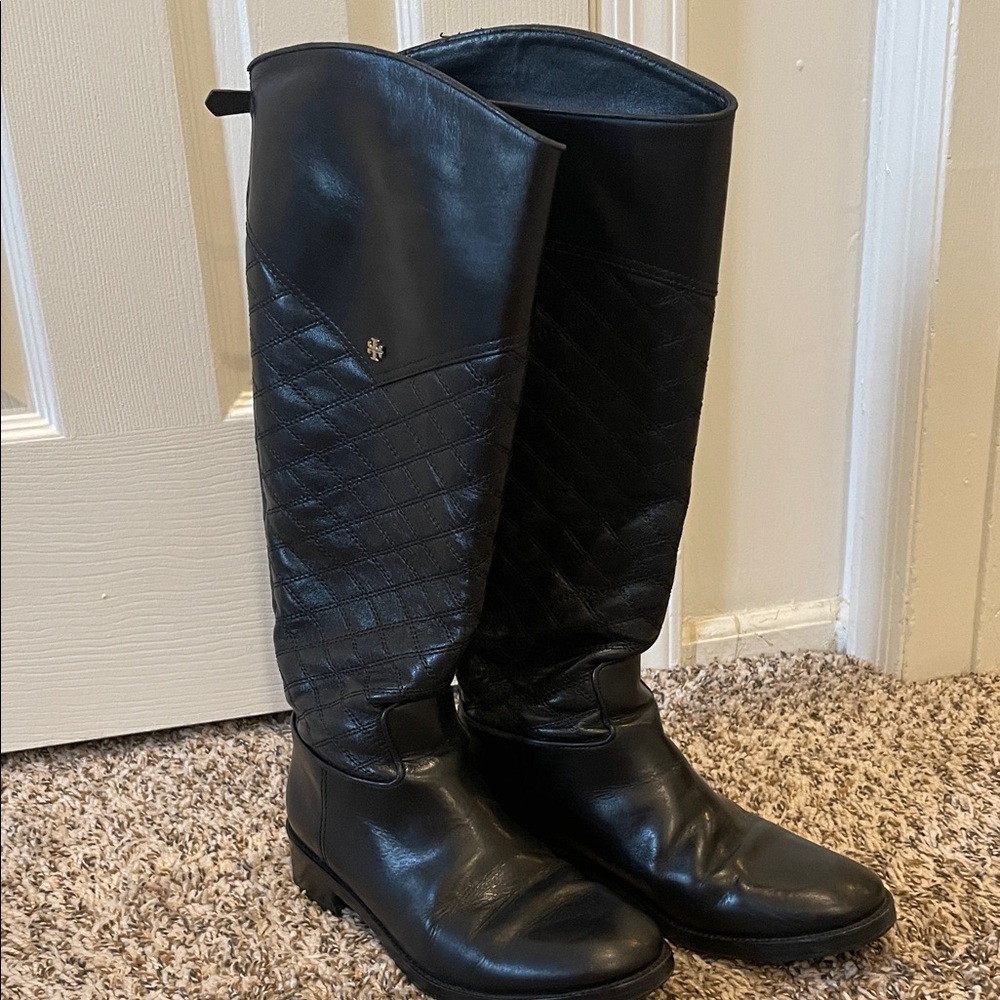 Tory Burch Black Leather Quilted Knee-High Boots